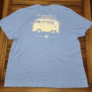 Lauren James Blue Tee "Seersucker Sunset" VW Bus Beach w/ Front Pocket -Size XXL